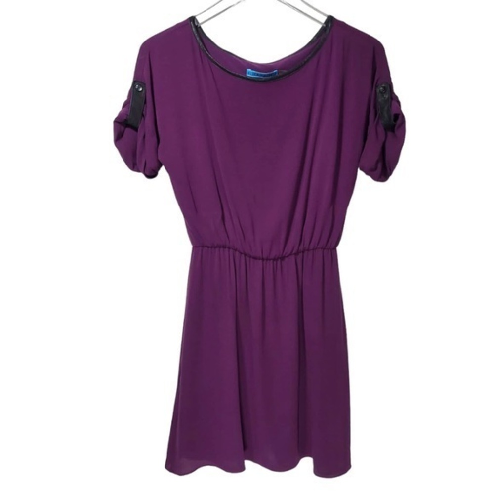 Alice + Olivia Silk Blend Faux Leather Trim Roll Tab Mini Dress in Purple
